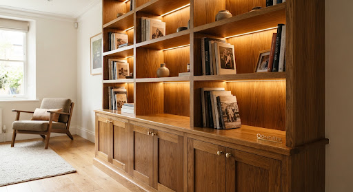 Bespoke oak bookshelf with integrated lighting