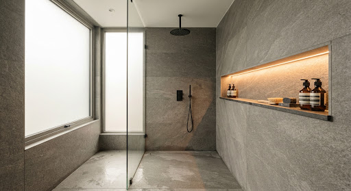 Minimalist wet room with rainfall shower